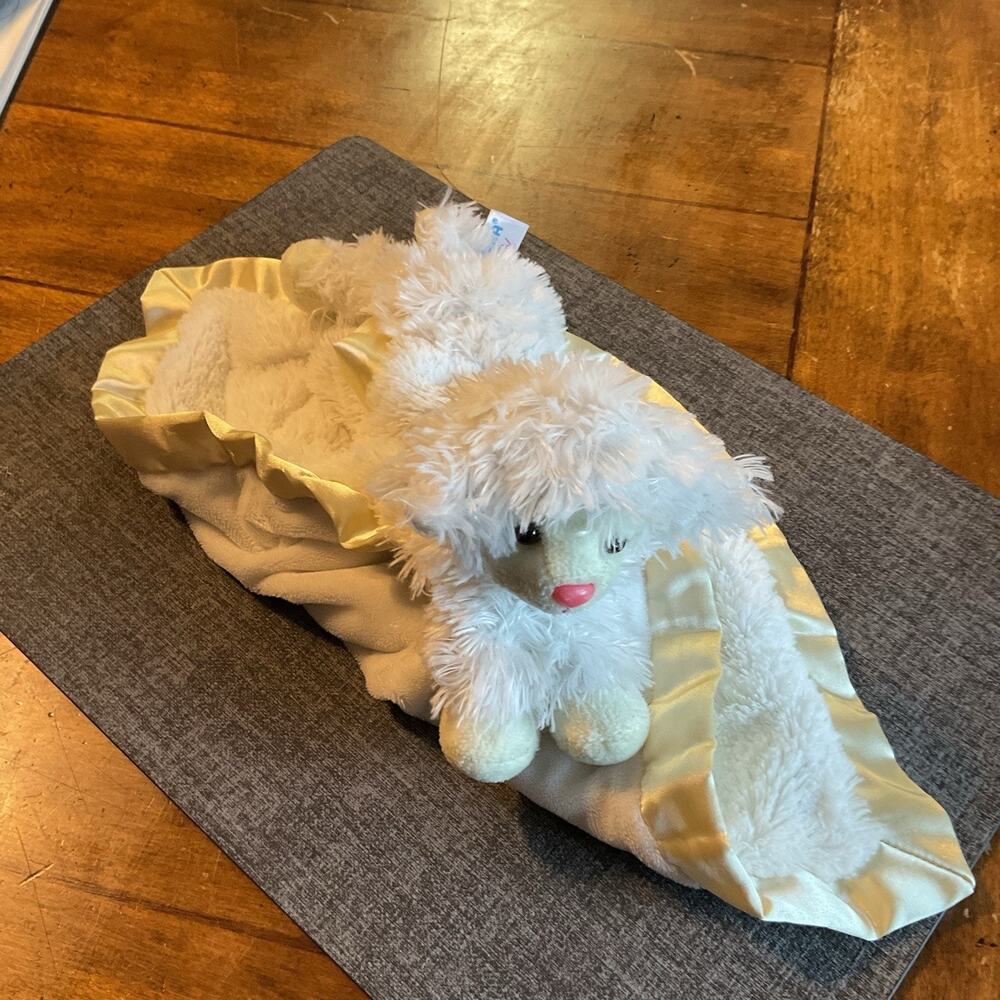 Aurora Baby Sheep Lamb Lovey Security Blanket White Yellow Silky Satin Edge
